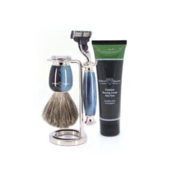 Edwin Jagger 58 Series 3pc Imitation Blue Horn & Nickel Mach3 Set (Aloe Vera) -Shaving Supply Store 58bh av tube