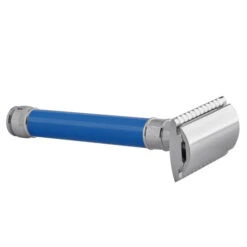 Edwin Jagger DE83 Blue DE Safety Razor (Closed Comb) -Shaving Supply Store de83bl slant side front right