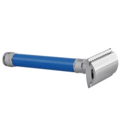Edwin Jagger DE83 Long Blue DE Safety Razor (Closed Comb) -Shaving Supply Store del83bl slant side front right