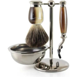 Edwin Jagger 58 Series 4pc Imitation Horn & Nickel Shaving Set For Mach3 (Pure Badger)
